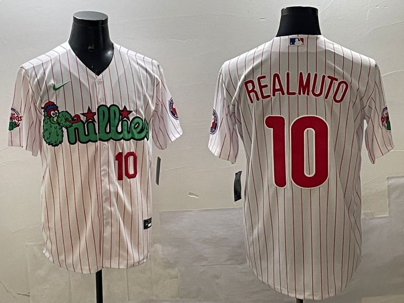Men Philadelphia Phillies 10 Realmuto White Stripe Three generations Joint Name Game 2025 Nike MLB Jersey style 4